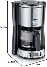 SEVERIN "TypeSwitch" espressomaskin med glaskaraff och timer, AromaSwitch för att välja 2 bryggalternativ, digital klocka med timerfunktion, för upp till 10 koppar, 1000W, borstat rostfritt stål-svart, KA 4826