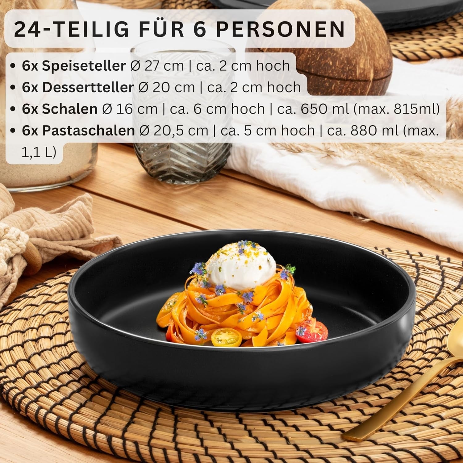 SÄNGER Madeira | 24-delat kombinerat servisset, 6-personers servisset i stengods, 6 mattallrikar, 6 frukosttallrikar, 6 middagstallrikar, 6 pastaskålar, servis- och skålset, mattsvart | VÄRDESAMLING
