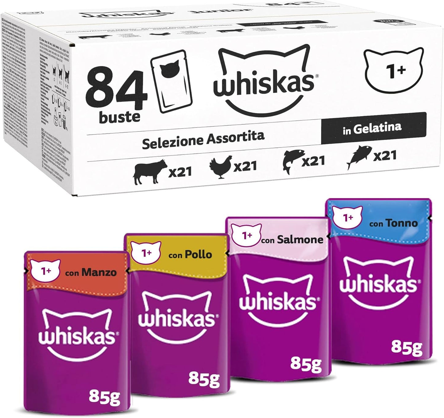 Whiskas våtfoder för vuxna 1+ blandat urval i gelé, 84 dospåsar, 84x85g (1 storpack) - Högkvalitativt våtfoder för vuxna katter