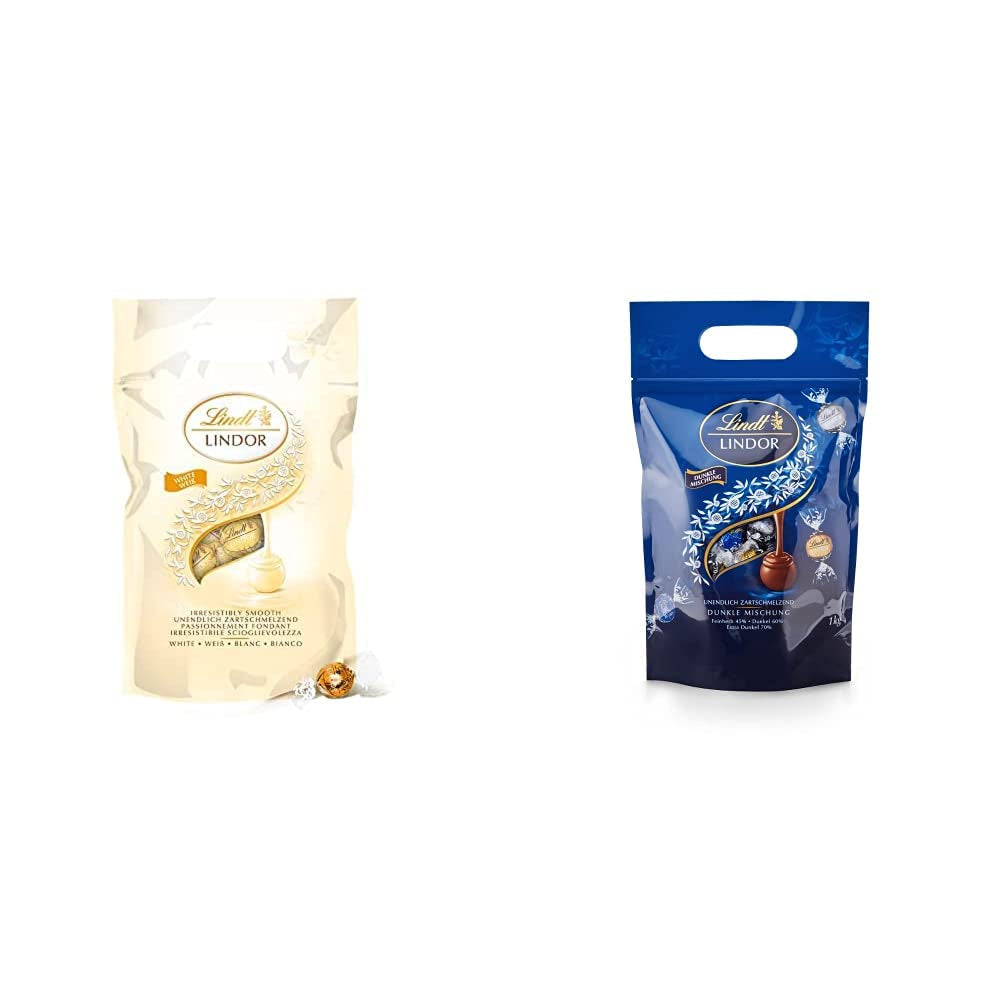 LINDOR vita chokladbollar, 1 kg och LINDOR | 1 kg återförslutningsbar påse | ca. 80 mjölkchokladbollar med myntafyllning | Bulkpaket, pralinpresent, chokladpresent