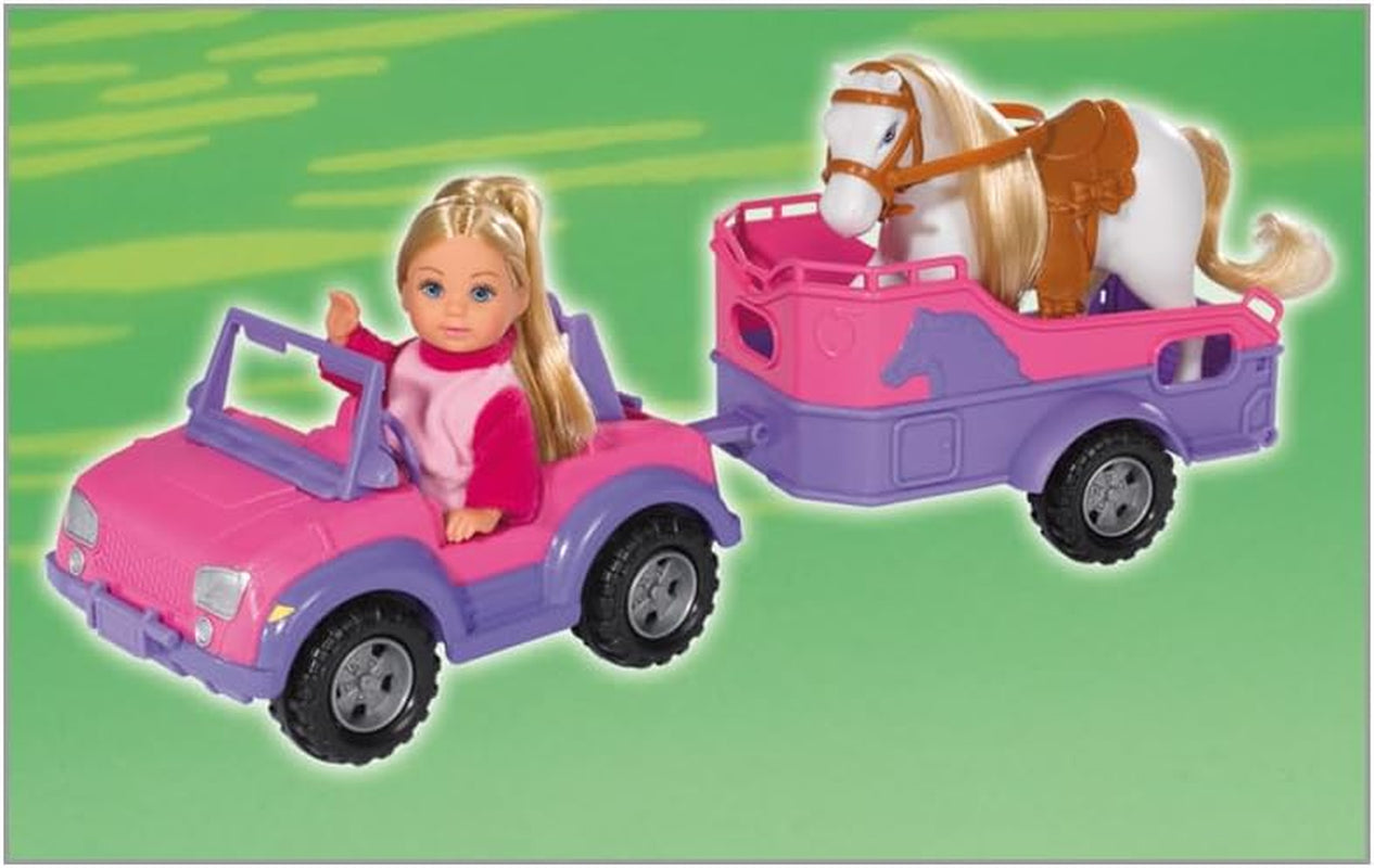 Simba 105737460 - Evi Love Evi Horse Trailer med rosa jeep, lila häst och ponnyhänge, dress-up docka, 12 cm, för barn 3 år och uppåt Dolls Naty Shop