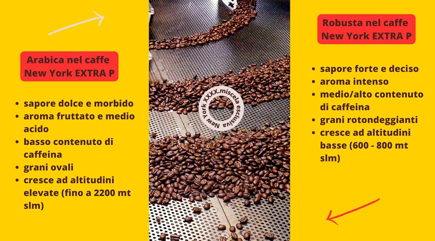 New York Coffee - EXTRA P - Kaffebönor, stark och avgörande smak, Arabica- och Robustabönor, för malning, italiensk espresso, barblandning - premiumkvalitet sedan 1930 - 1 kg, bönor