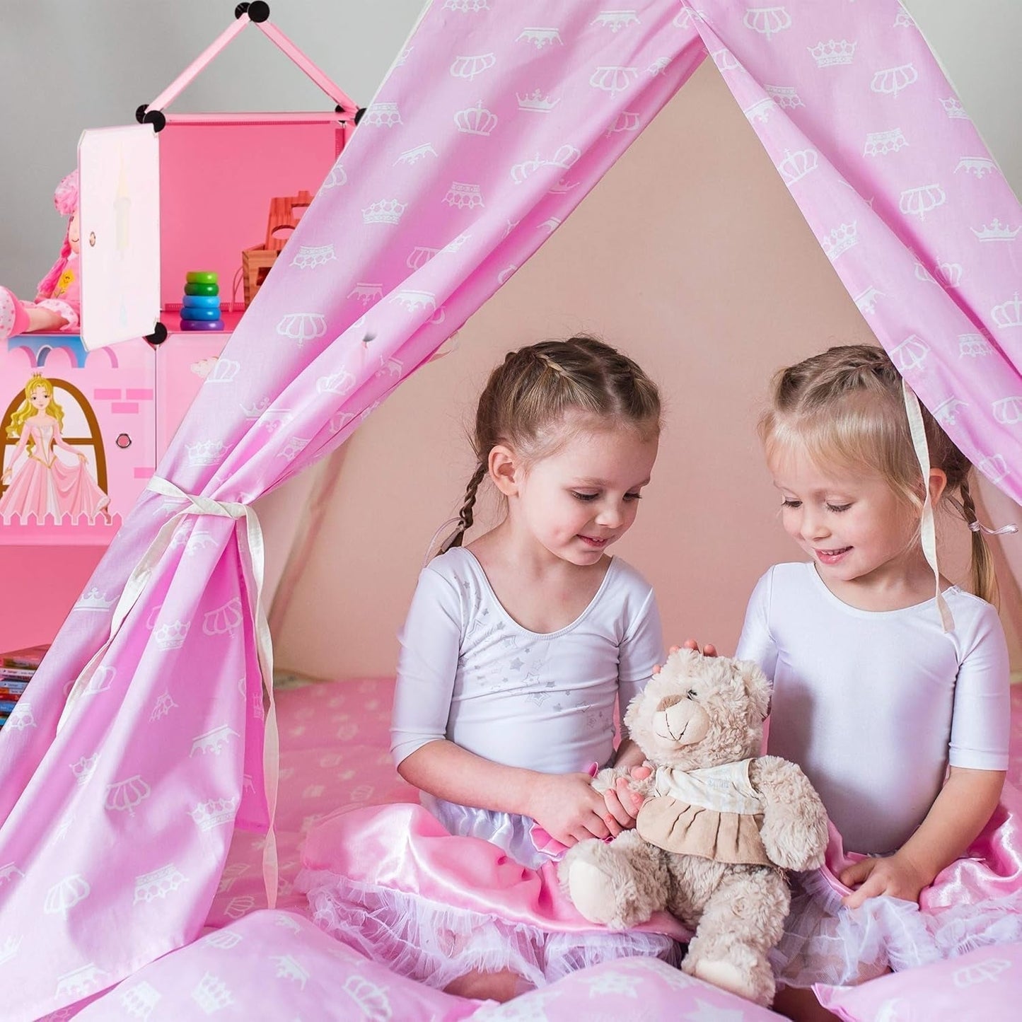 Relaxdays Barnrumshylla, prinsesslott, plast, gör-det-själv-skåp med dörrar, HBT: 128 X 110 X 37 Cm, rosa Naty Shop Dollhouses