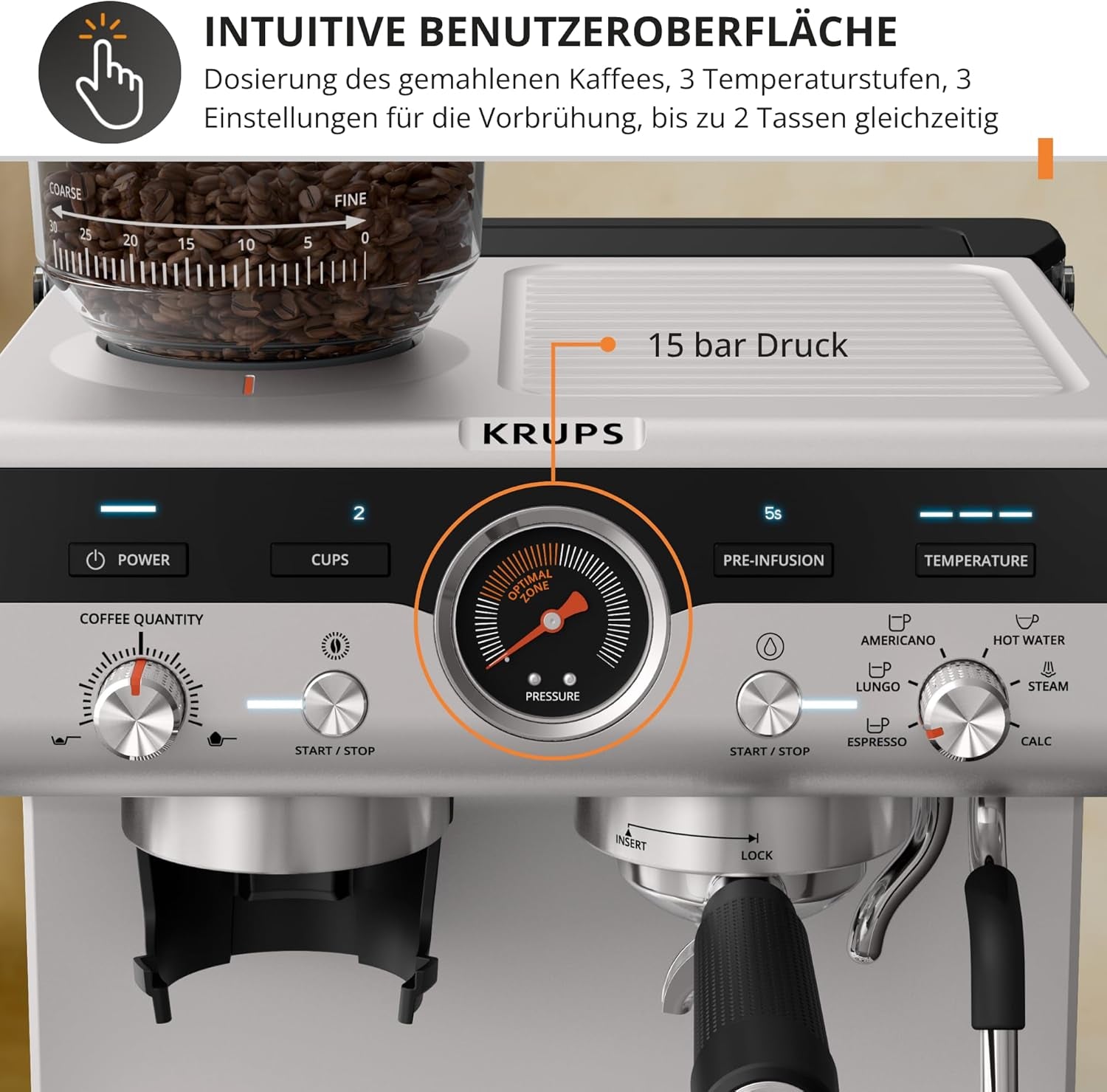 Krups Precision manuell espressomaskin med portafilter och kvarn, barista kaffemaskin med intuitiv kontrollpanel, förinfusionsinställningar, espressomaskin med ångmunstycke, snabb uppvärmning, XP801T10