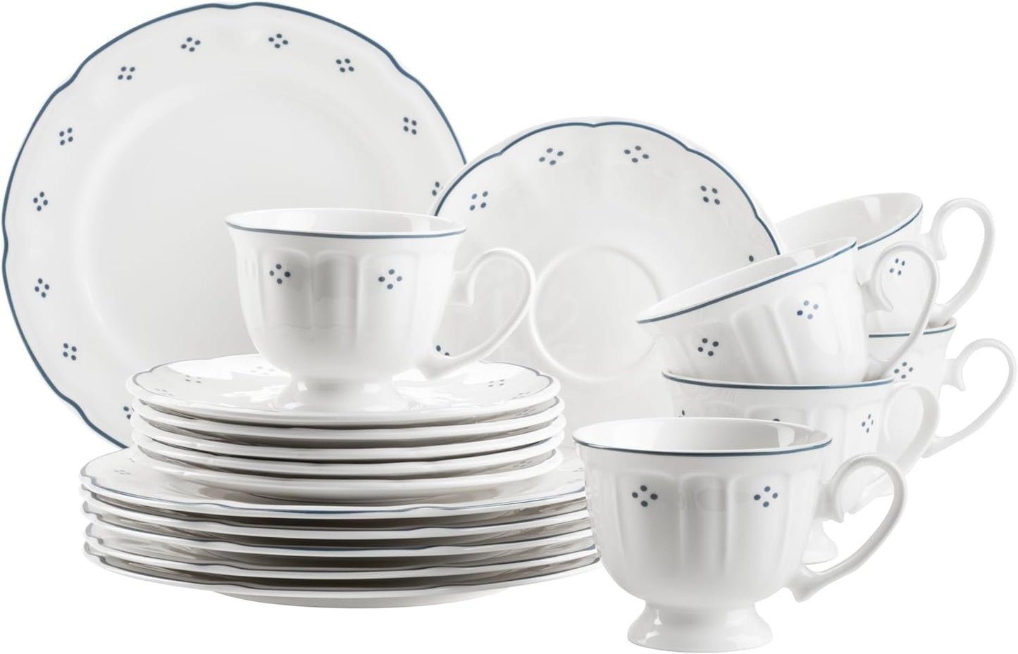 Mäser Lova Series 18-delade porslinskaffeservering - 6 desserttallrikar (19,5 cm), 6 koppar (19 cl) och 6 fat (15,5 cm), blå