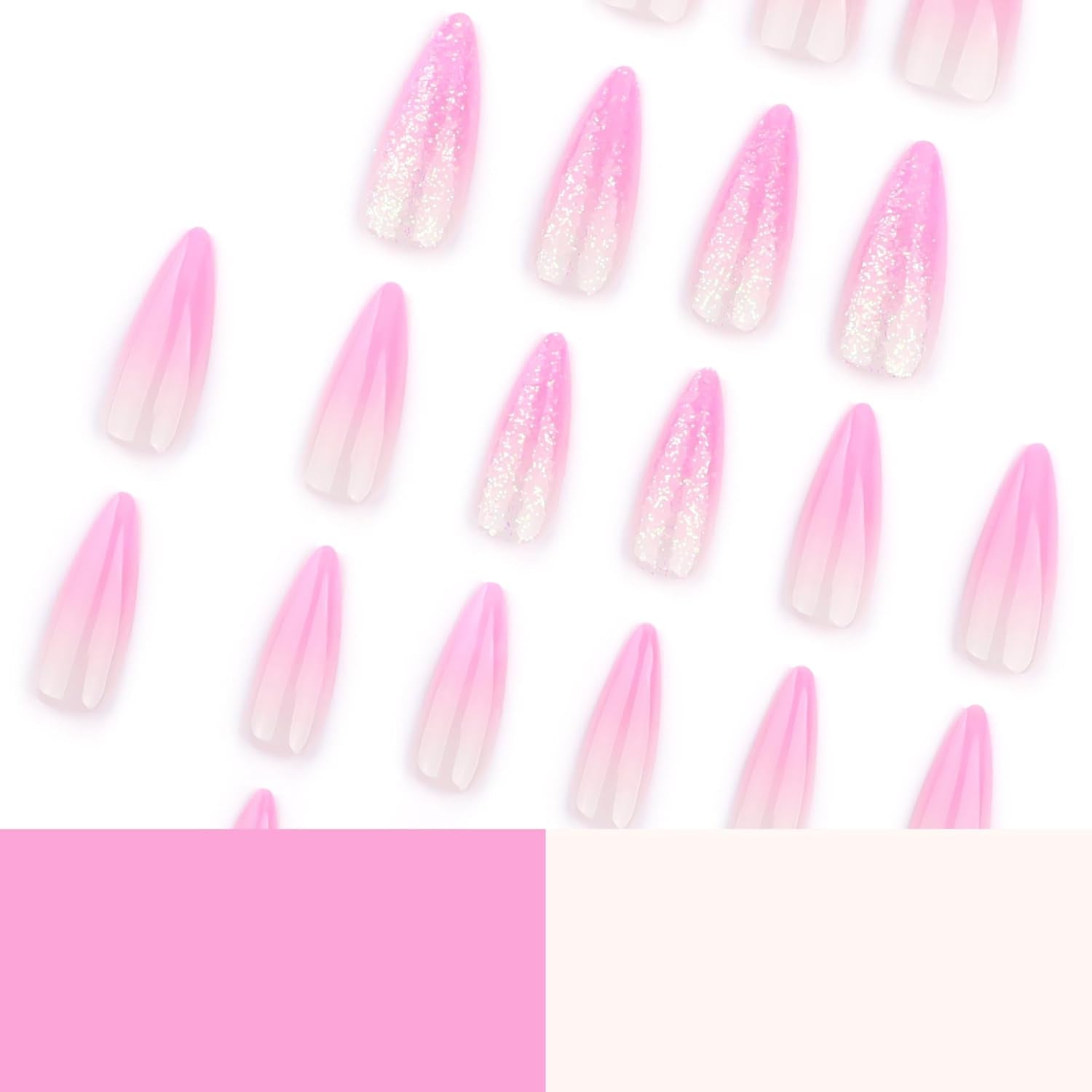 Mouyouglow Långa naglar Stiletto Milky White Gradient Rosa Glitter Coola falska naglar med lim Rosa Ombre Glitter konstgjorda naglar
