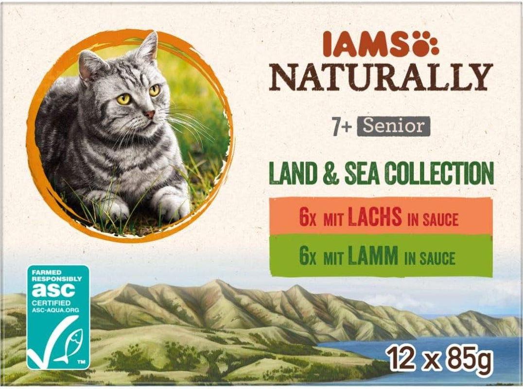 IAMS Naturally Senior Våtfoder i sås - Högkvalitativt kött och fisk våtfoder för äldre katter, Land & Sea Collection, 12 x 85g