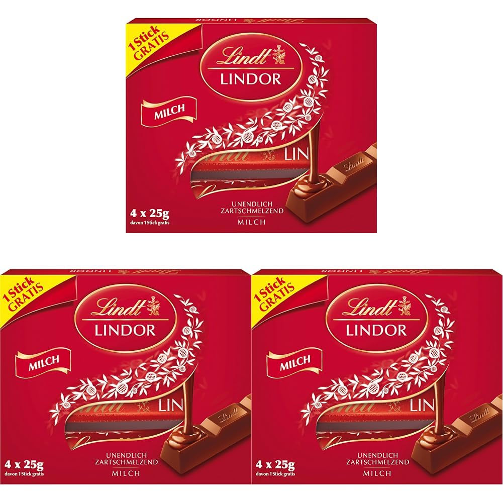 Lindt Choklad | LINDOR mjölkchokladstavar, Kampanjerbjudande | 100g | 4 LINDOR mjölkchokladkakor med fyllning som smälter i munnen | Chokladstavar (förpackning med 3)