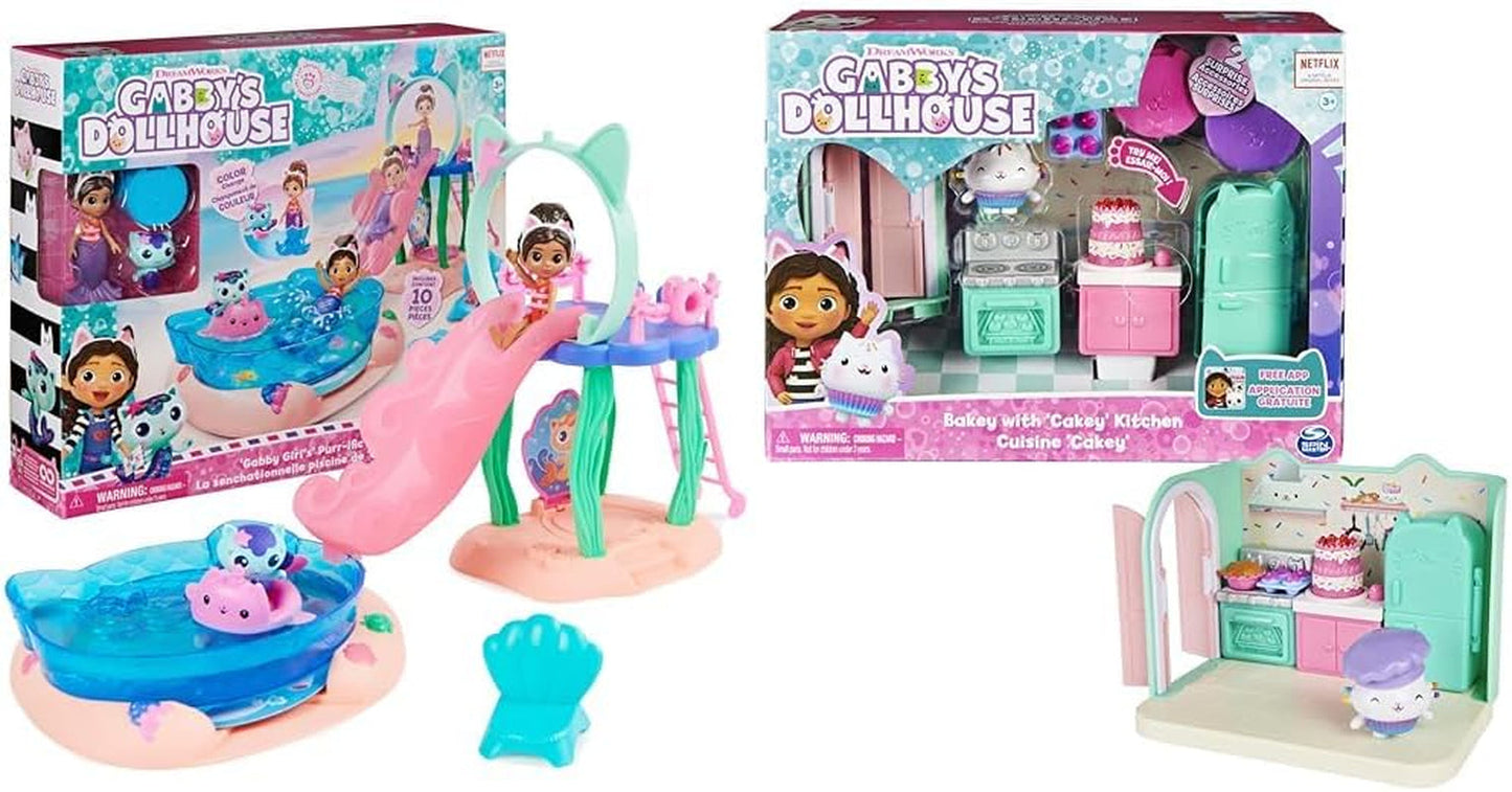 Gabby's Dollhouse, Purific Pool Party Lekset med Gabby och Meerkat figurer och Deluxe Room, Cakey Baking, Cakey Kitchen