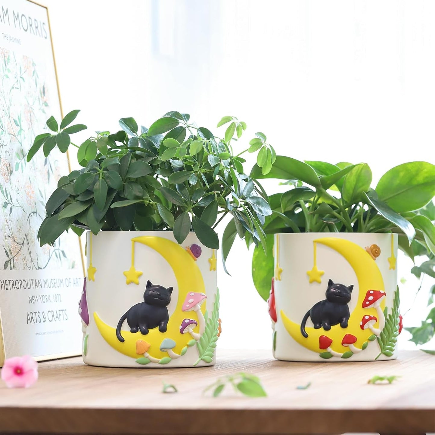 GUGUGO söta månkattblomkrukor, unik blomkruka med dränering, regnbågsfärger, små krukväxtkrukor, roliga saftiga trädgårdskrukor, present, heminredning (C)