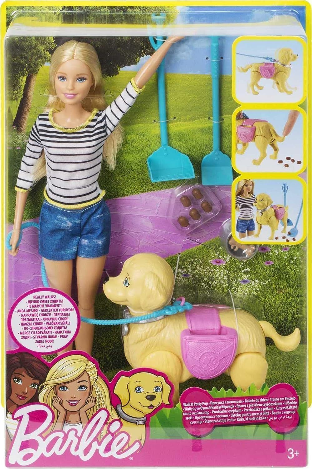 Barbie Walk och pottdocka, blond docka med gåhund, bajssked, tillbehör inklusive dockhund, barnpresent, leksak från 3 år och uppåt, DWJ68