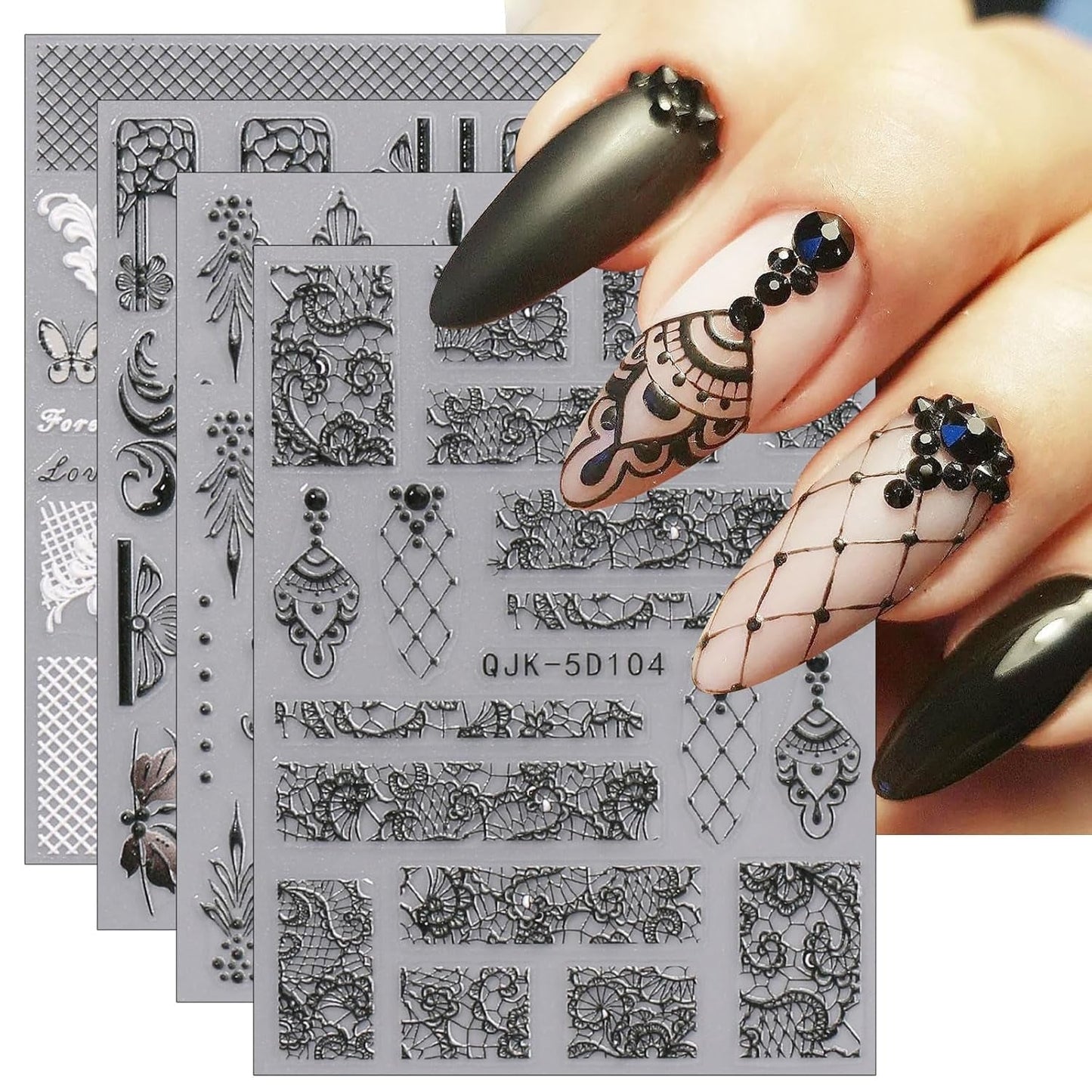 JMEOWIO 3D Nagelsticker Schwarz Weiß Blume Nail Art Sticker Selbstklebend Nagelaufkleber 5D Stereoskopisk Blumen Dekoration Nageldesign Zubehör 4 Blatt