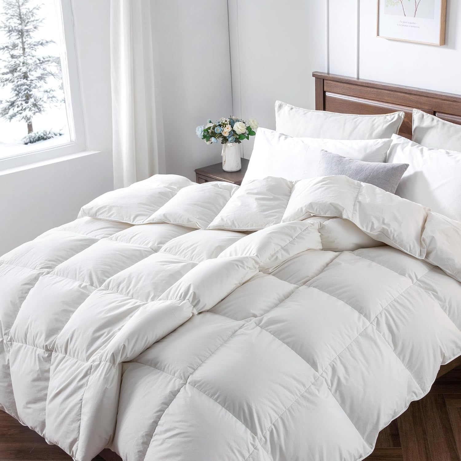 Downaero™ gåsduntäcke för king size-sängar, 100 % satäng egyptisk bomull, 900 fyllningskraft, medelvärme, alla årstider, vita Naty Shop-täcken och täcken