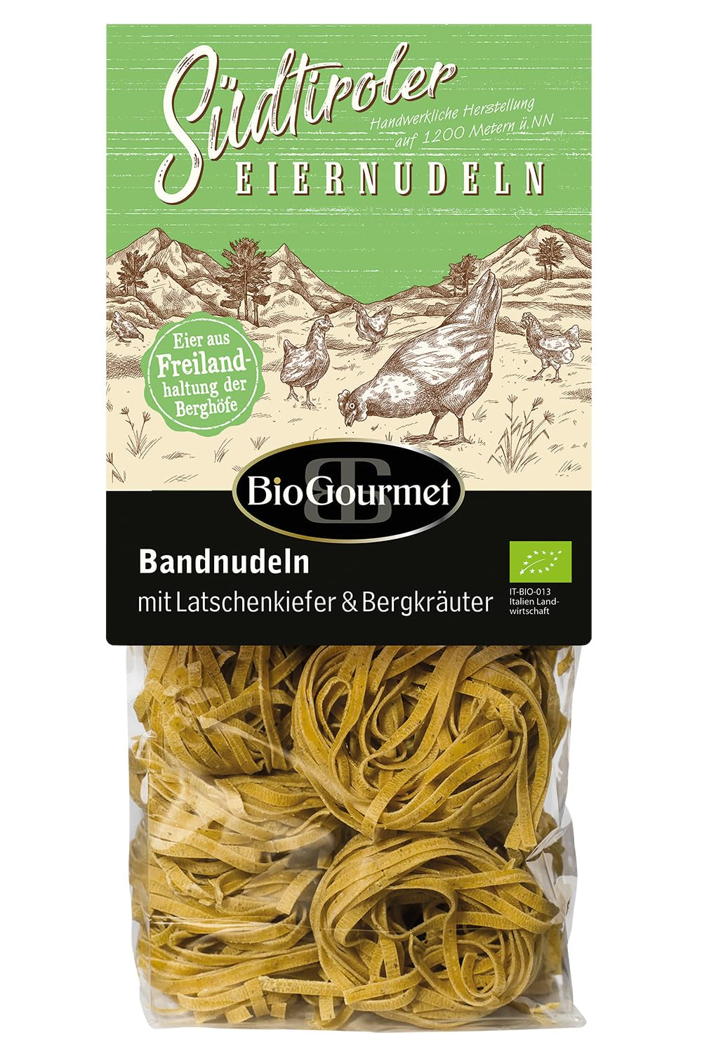 BioGourmet bandnudlar med Schüttelbrot från Sydtyrolen (SGB) | Salta och smaksatta äggnudlar med äkta prick från Sydtyrolen | 1 x 250g Bio