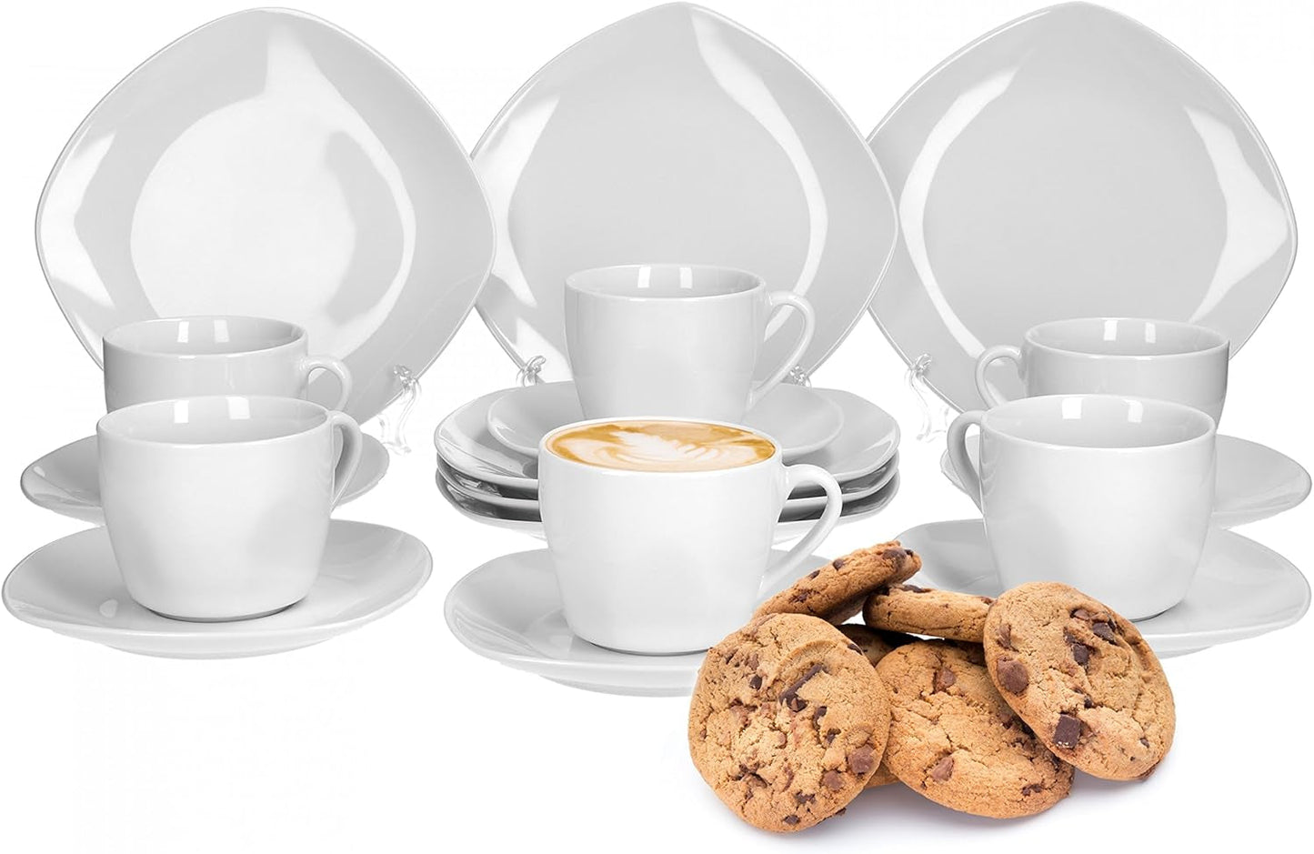 Van Well Lilli kaffeservering för 12, 36-delade fyrkantigt vitt porslinsservis med böjda kanter för ett perfekt arrangerat soffbord - Tål att diska i diskmaskin