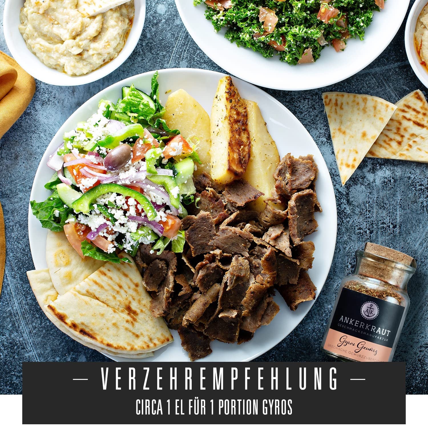 Ankerkraut Gyros, Gewürzmischung für Gyros, egal ob aus der Pfanne oder vom Grill, mit Zwiebel, Knoblauch, Mejram, Spikummin, Piment och mehr, 80 g im Korkenglas