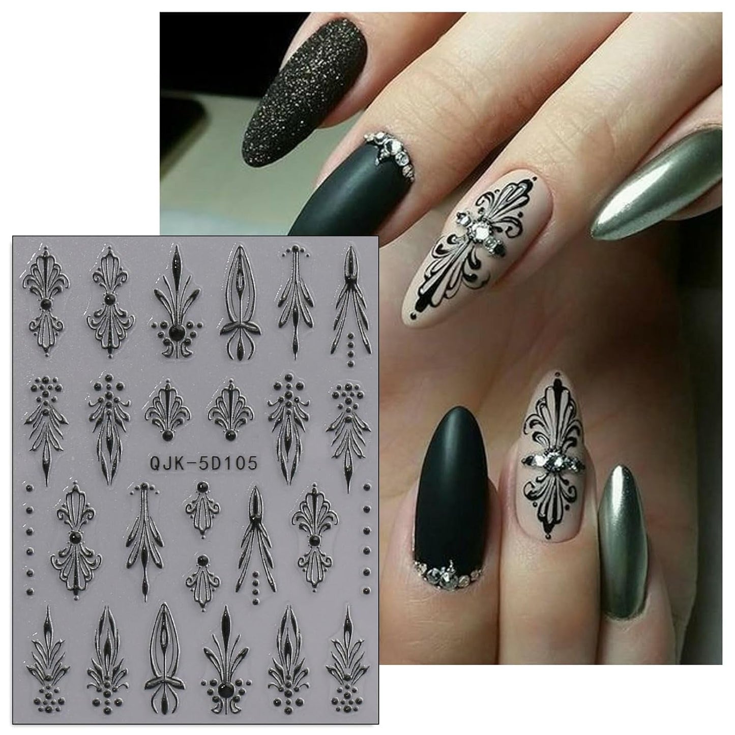 JMEOWIO 3D Nagelsticker Schwarz Weiß Blume Nail Art Sticker Selbstklebend Nagelaufkleber 5D Stereoskopisk Blumen Dekoration Nageldesign Zubehör 4 Blatt