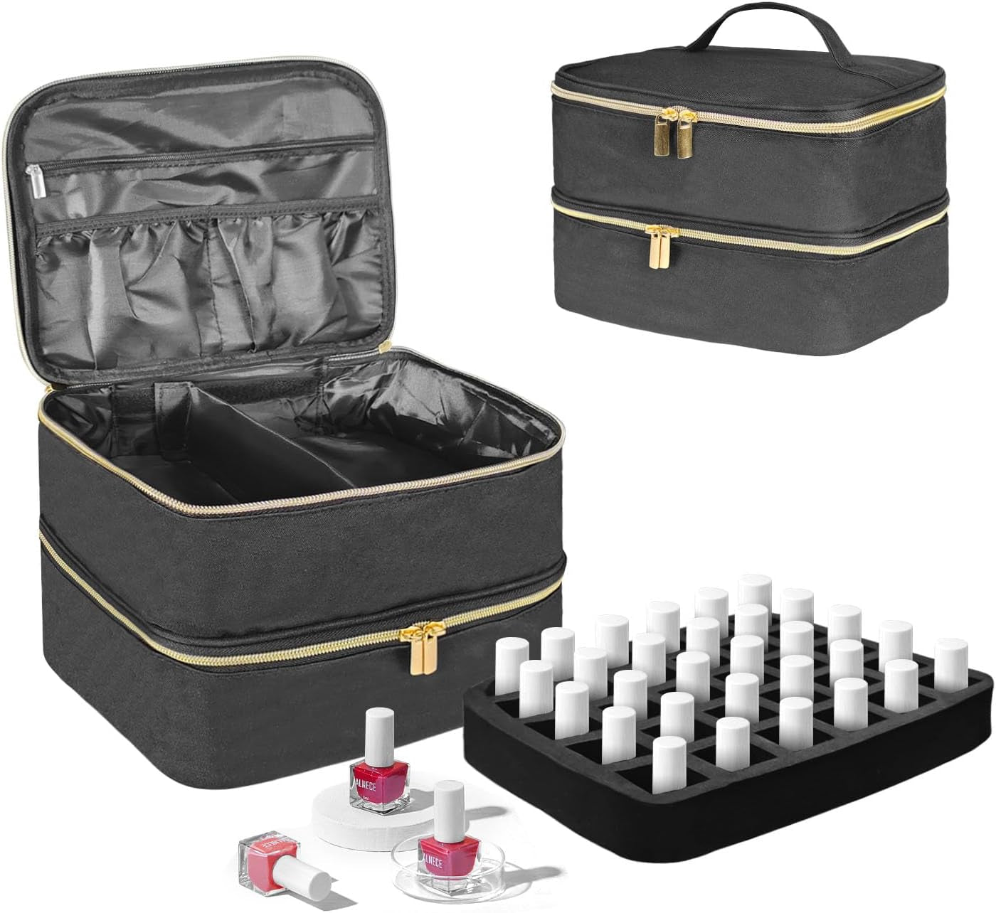 Nail Lacquer Organizer Tasche, Doppelschicht Nail Lacquer Förvaringsbox, Organizer Koffer Für Nageldesign Kosmetiktasche Für 30 Flaschen Neonail Base(15Ml-0,5 Fl.Oz) & 1 Nagellampa(Schwarz)
