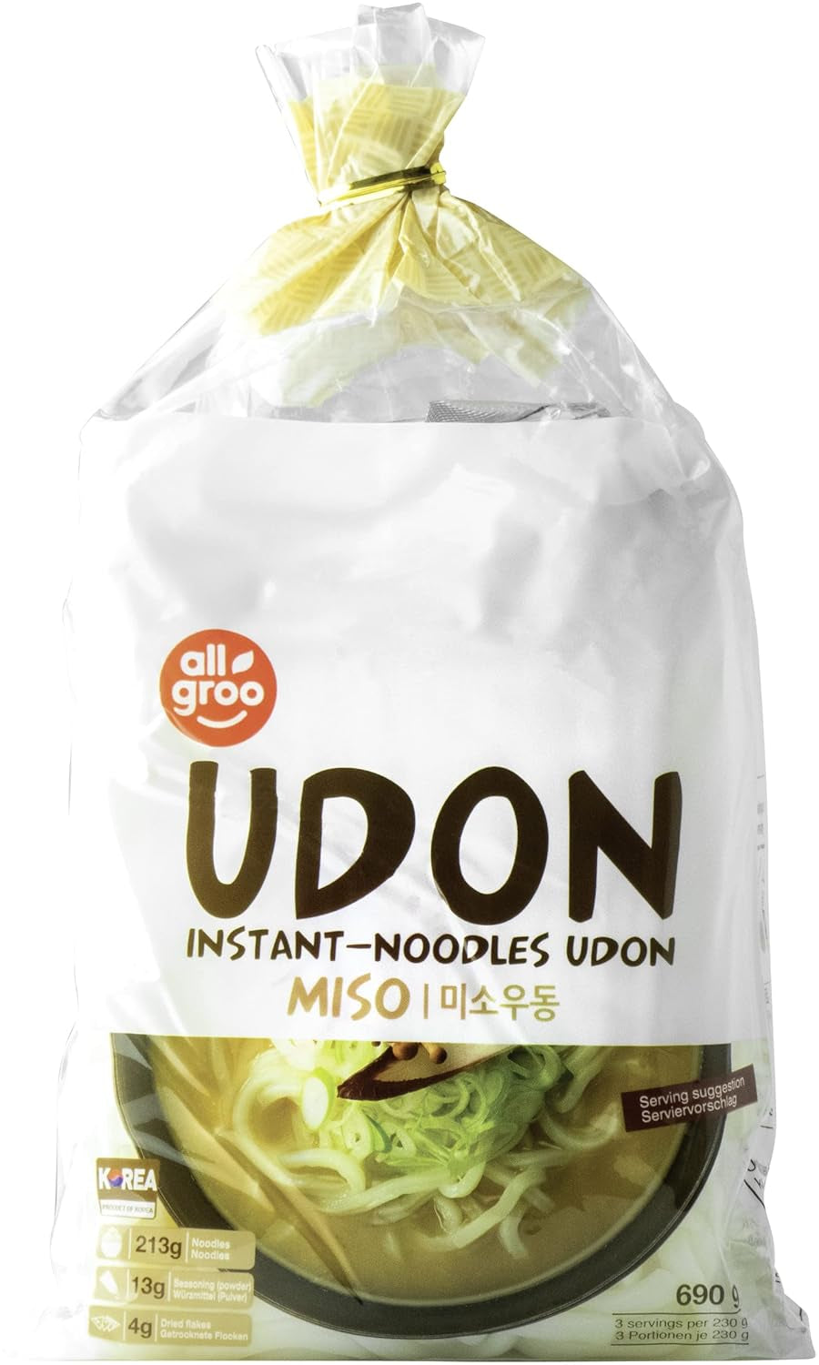 Allgroo Udon snabbnudlar - Miso, Udon soppa, kryddig, aromatisk, snabb tillagning - innehåller 3 portioner - 1 x 690 g