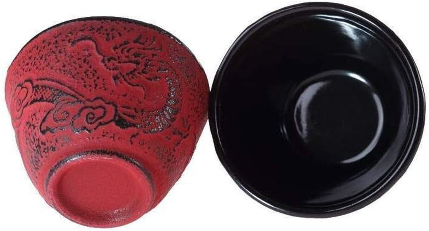 – Kinesiskt Dragon Tea Set – 1 tekanna, 4 gjutjärnskoppar och tesil – Kapacitet 0,8L – Japansk asiatisk dekor – Presentidé för japansk servis – Färg Röd