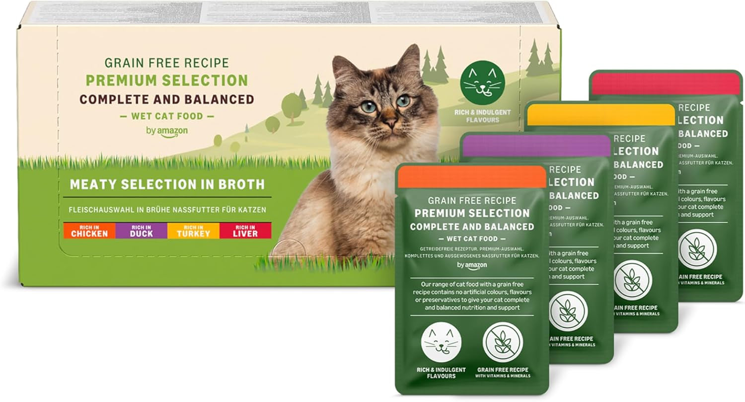 Amazon spannmålsfritt vått kattfoder för vuxna katter Köttval i buljong 4,76 kg 56 förpackningar om 85 g (tidigare livslångt)