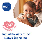 MAM originalnappar, 2-pack, tandvänliga nappar, tillverkade av hållbara och bioregenererbara material, MAM SkinSoft silikonspettar, med napplåda, 6-16 månader, blå/ljusblå