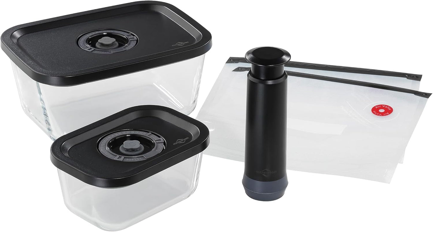 Vakuumsats Küchenprofi EASYFRESH | Set med 7 delar | 1x elektrisk vakuumpump, 1x vakuumburk S, M och L, 3x vakuumpåsar 22x21 cm | borosilikatglas, högkvalitativ plast | beredning och förvaring Matförvaringslådor Naty Shop Dammsugarset 5 st