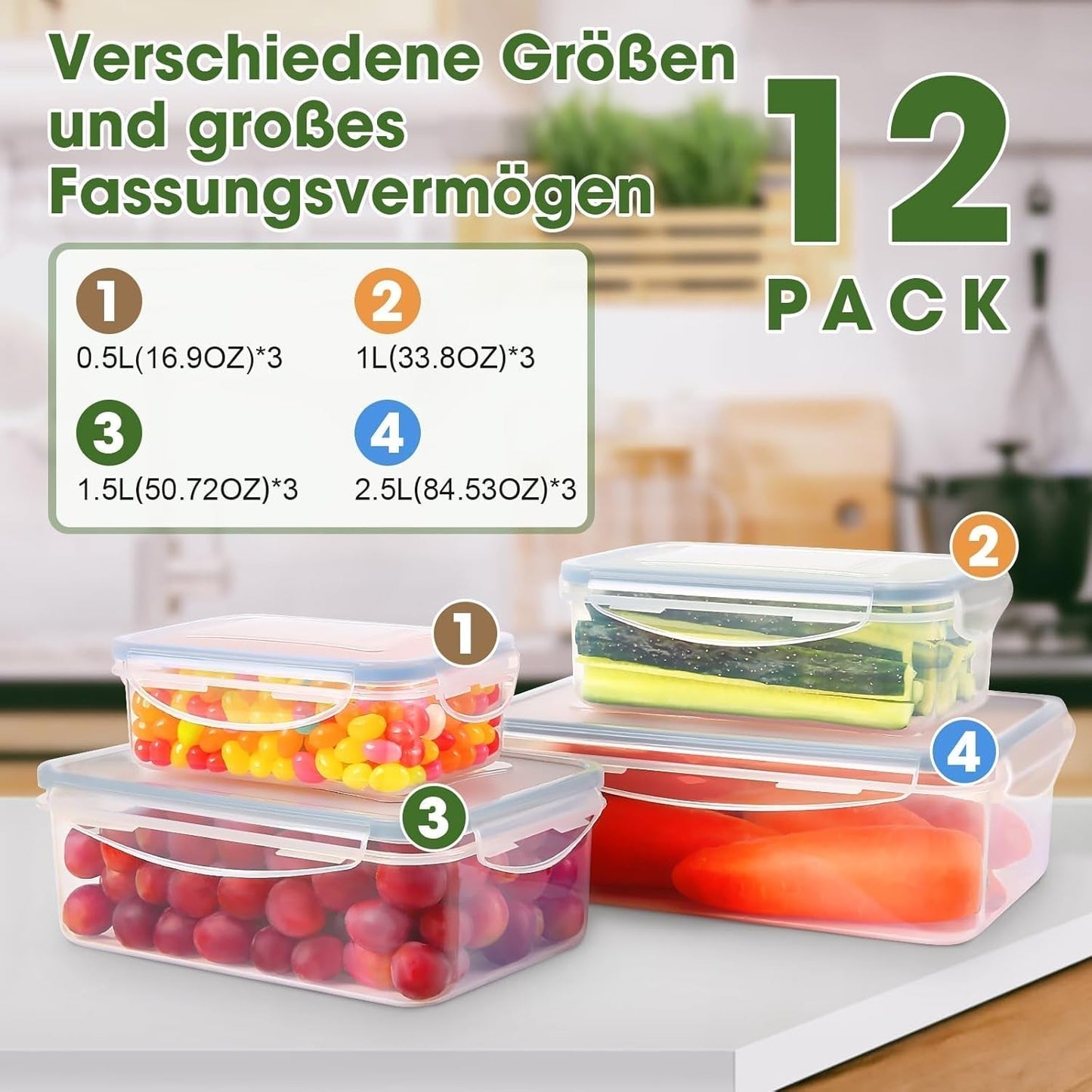 YASHE Matförvaringsburk med lock, 12-delad plastförvaringsburksats, BPA-fri, 100 % läckagesäker, stapelbar, klara matförvaringslådor Naty Shop