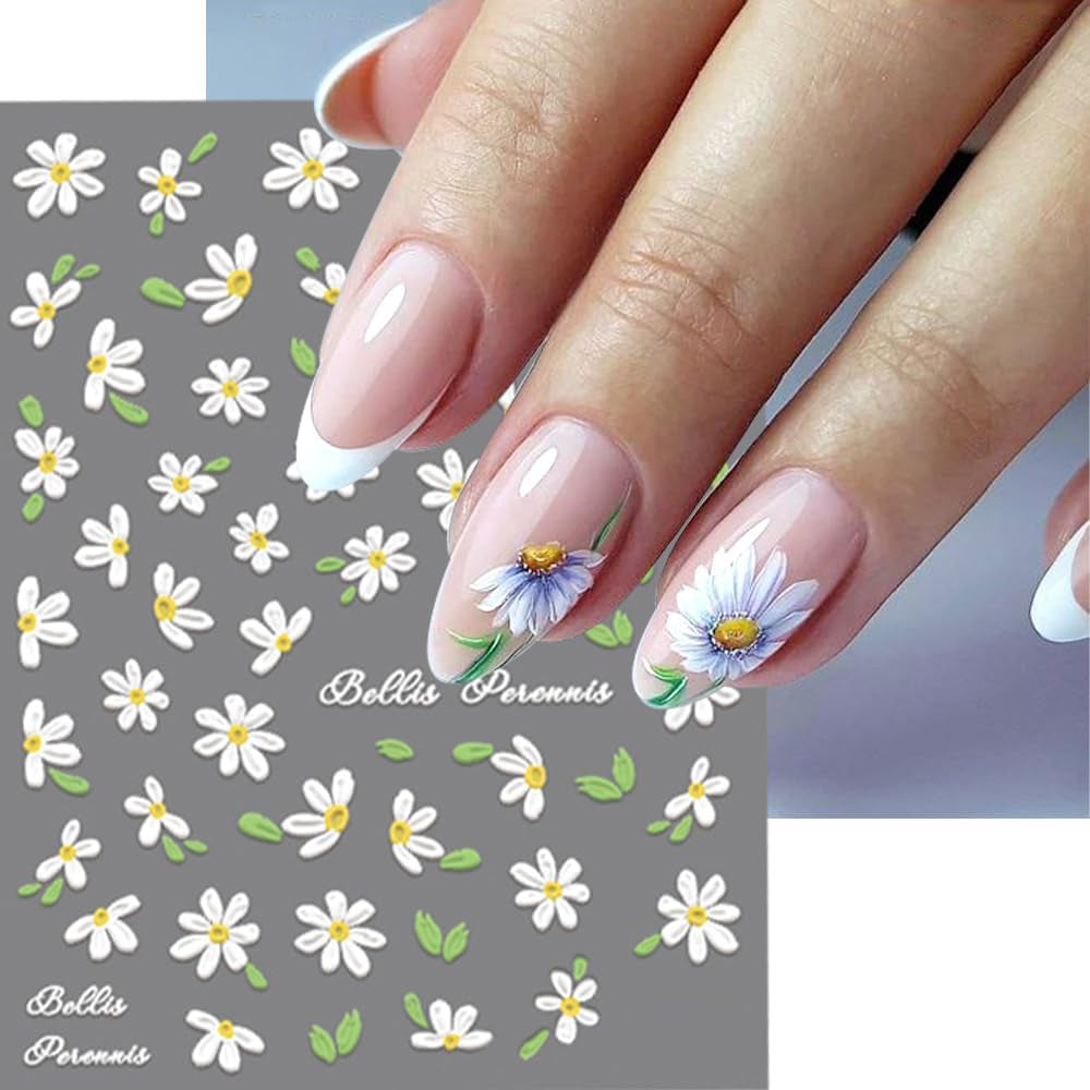 5D-präglade vita prästkragar Nagelklistermärken Blommor Nagelklistermärken Blommor Självhäftande folieklistermärken Nagelkonstklistermärken Tusenskönor Nageldekoration Tillbehör Blomdesignklistermärken Nagelkonst