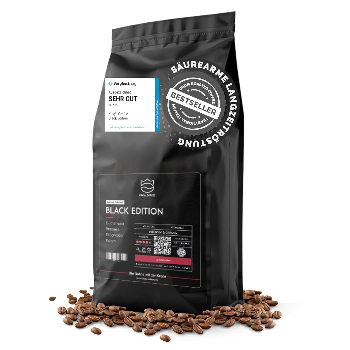 KING'S COFFEE - BLACK EDITION - 1 kg Intense Cream Coffee Beans - Low Acidity Coffee - Small Batch Roast från Italien - Starka Arabica Espressobönor (blandning) för helautomatiska och portafiltermaskiner