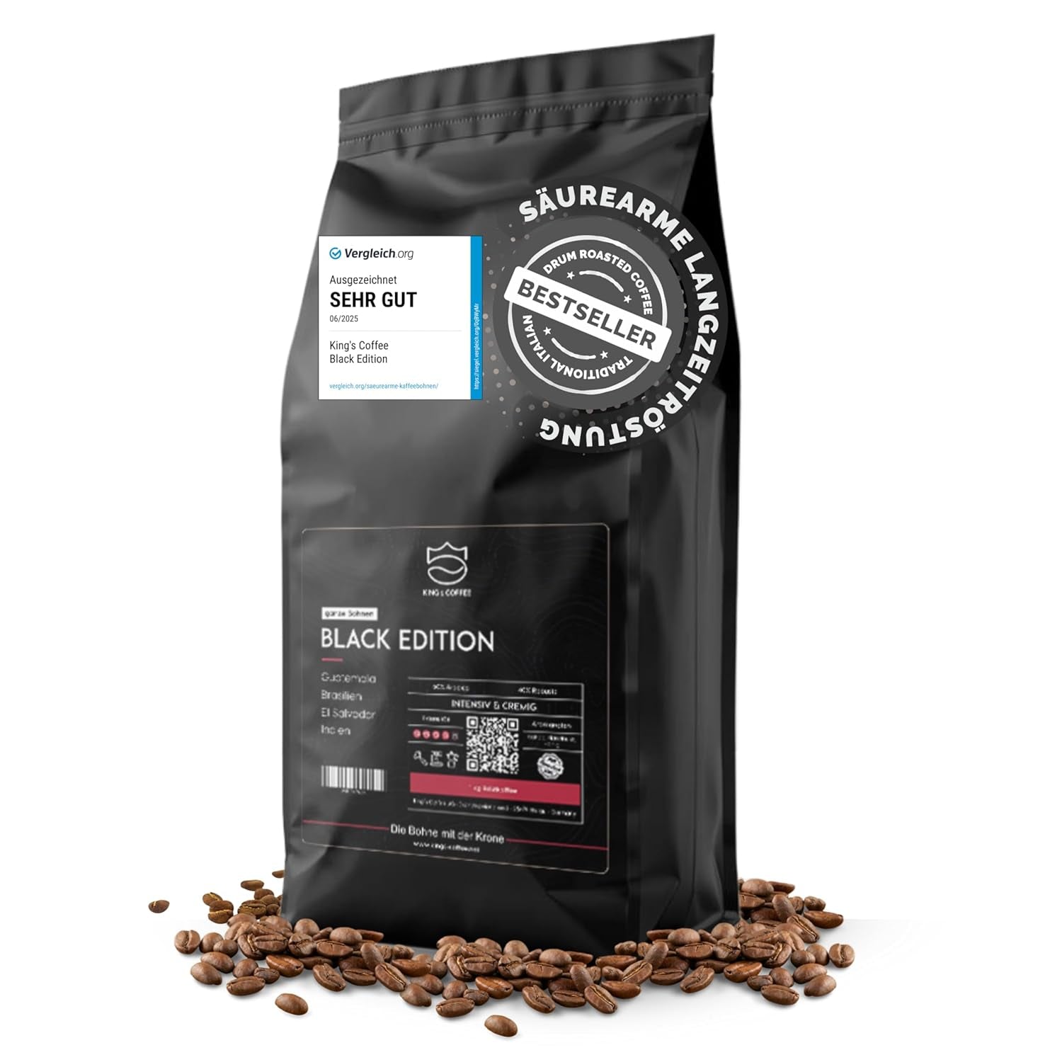 KING'S COFFEE - BLACK EDITION - 1 kg Intense Cream Coffee Beans - Low Acidity Coffee - Small Batch Roast från Italien - Starka Arabica Espressobönor (blandning) för helautomatiska och portafiltermaskiner
