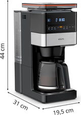 KRUPS Grind Aroma XL Espressobryggare, löstagbar konisk kvarn, Digital kontrollpanel, XL Kapacitet (1,5 L), Håll varm funktion, Glaskaraff, Svart/rostfritt stål, KM842810