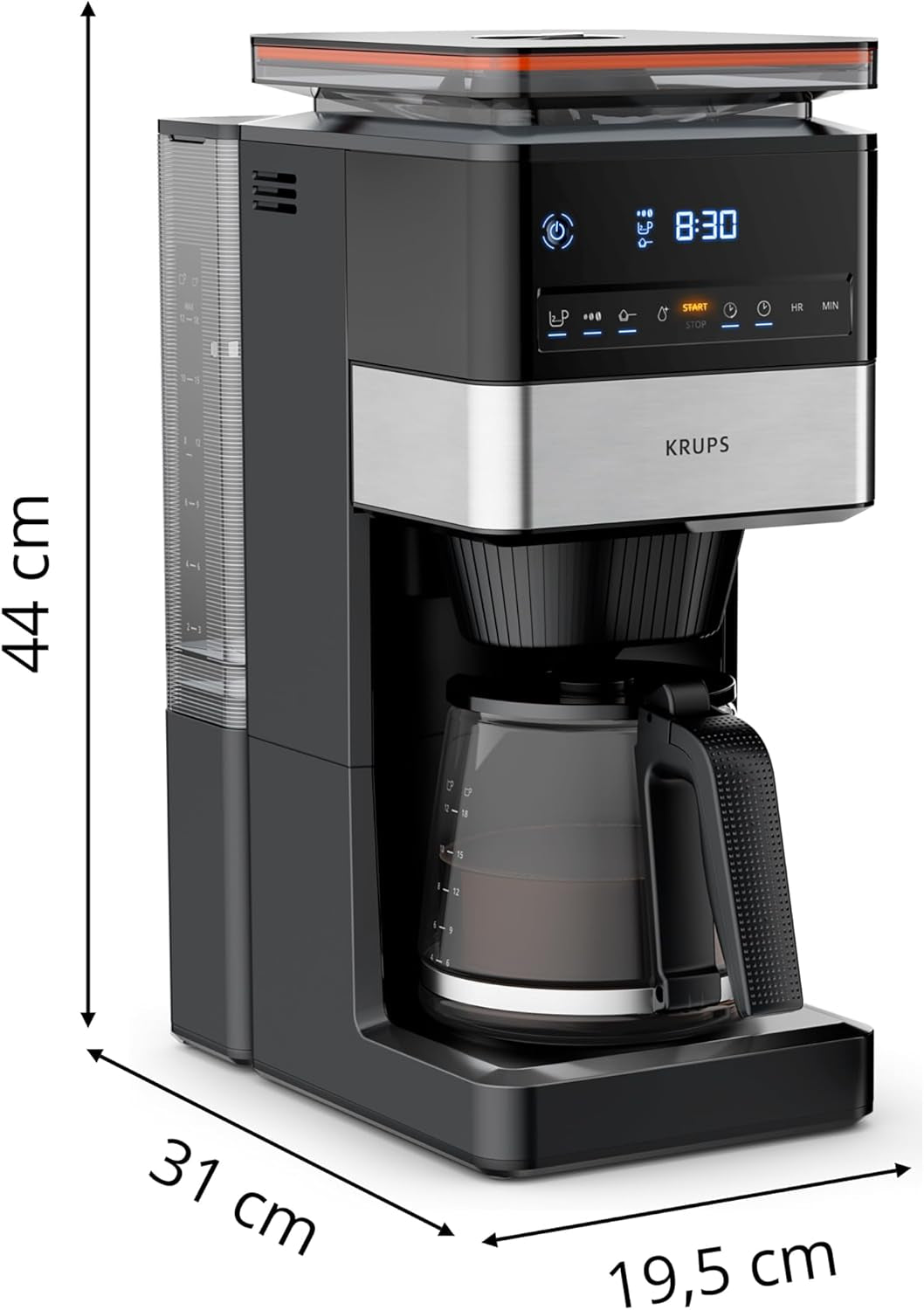 KRUPS Grind Aroma XL Espressobryggare, löstagbar konisk kvarn, Digital kontrollpanel, XL Kapacitet (1,5 L), Håll varm funktion, Glaskaraff, Svart/rostfritt stål, KM842810