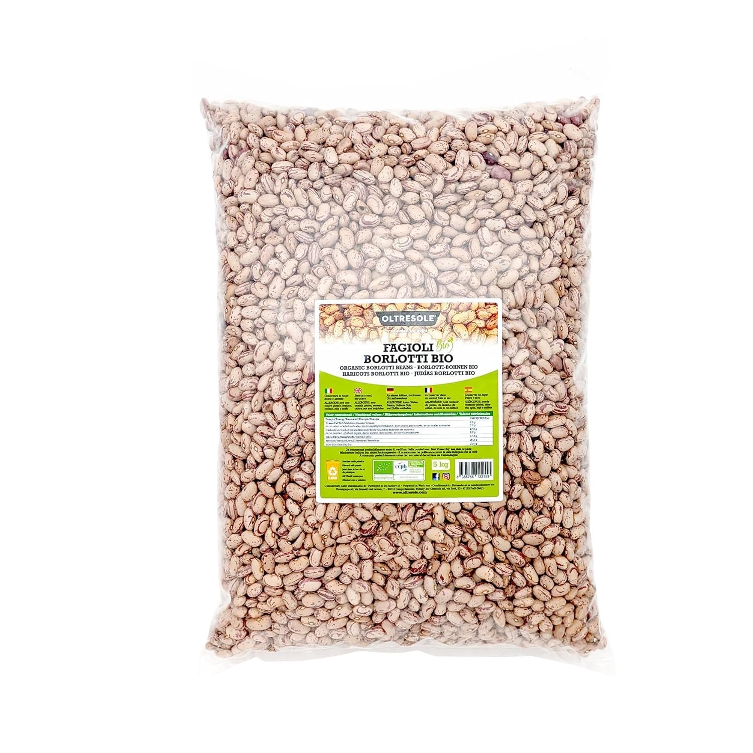 Ekologiska Borlottibönor 5 kg, Torkade ekologiska baljväxter från kontrollerade grödor, Perfekt för sallader, soppor och tillbehör, Bekvämt format