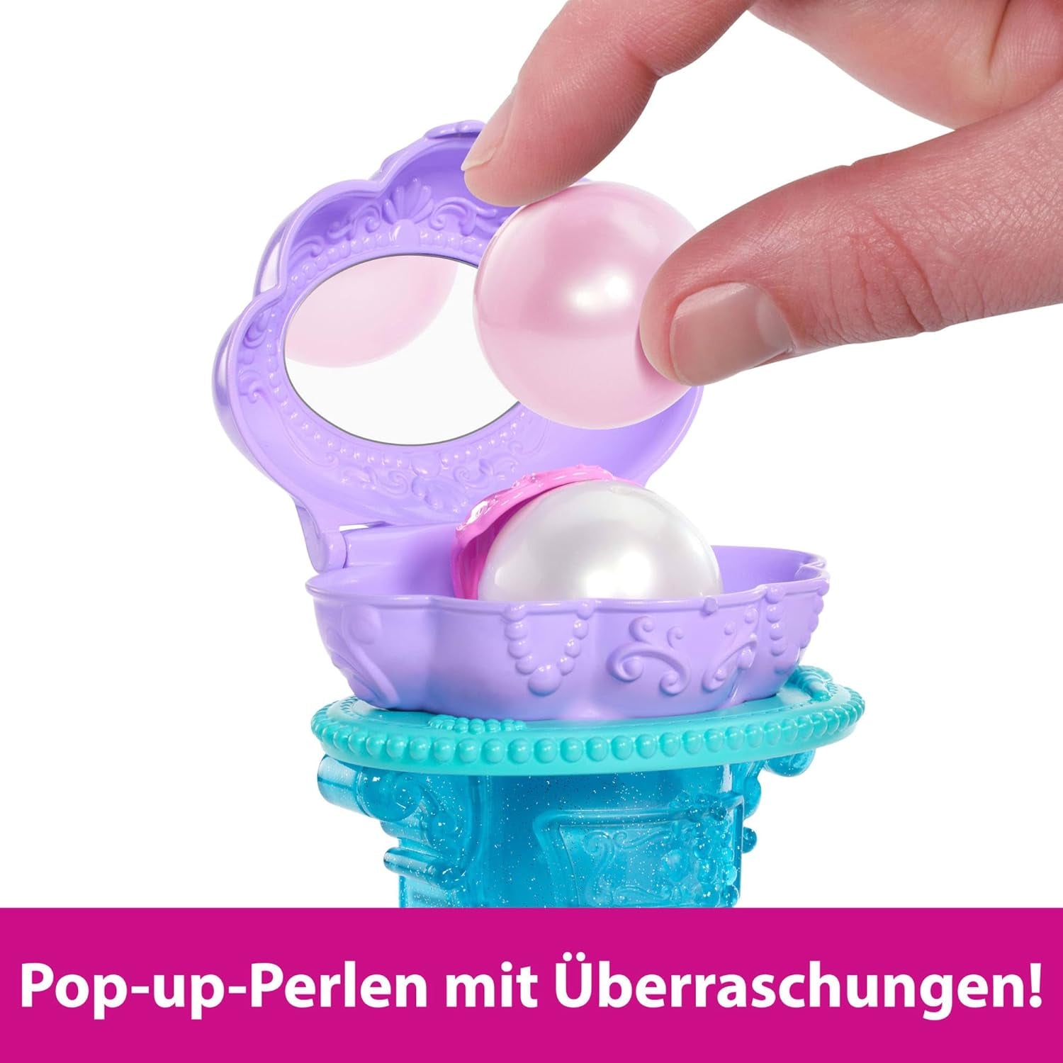 Mattel Disney Princess Toys, sjöjungfru Ariel modedocka med avtagbar stjärtfena, toalettbord med 5 repeterbara popup-överraskningar och 5 tillbehör, JBF86