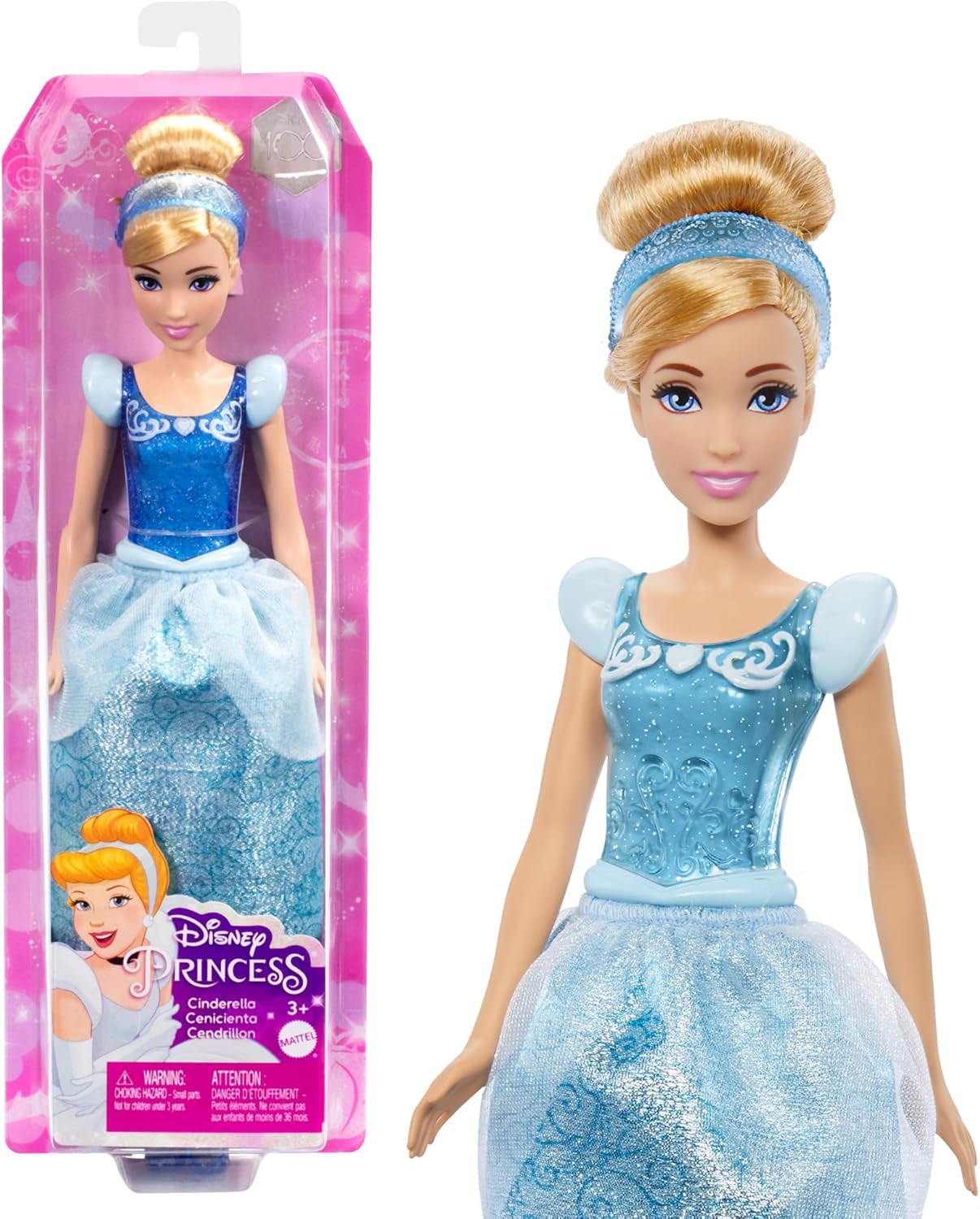 Mattel DISNEY Princess Cinderella - rörlig docka med glittrande kostym, avtagbara skor och tiara, kambart hår för frisörnöje, för barn från 3 år och uppåt, HLW06 Naty Shop Cinderella Dolls