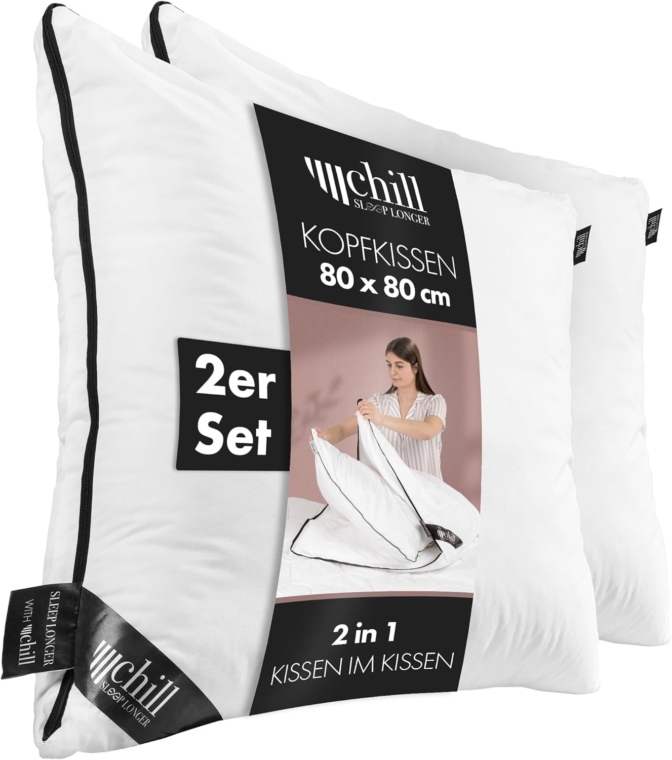 Kudde 80X80 Cm - 2 i 1 design - kudde i kudde - andas och tvättbar stor sovkudde och 100% vegansk - 2 kuddar 3 alternativ - kudde med 600G & 1200G fyllning Naty Shop standardkuddar Premiumkuddar Set med 2 - 80 X 80 Cm