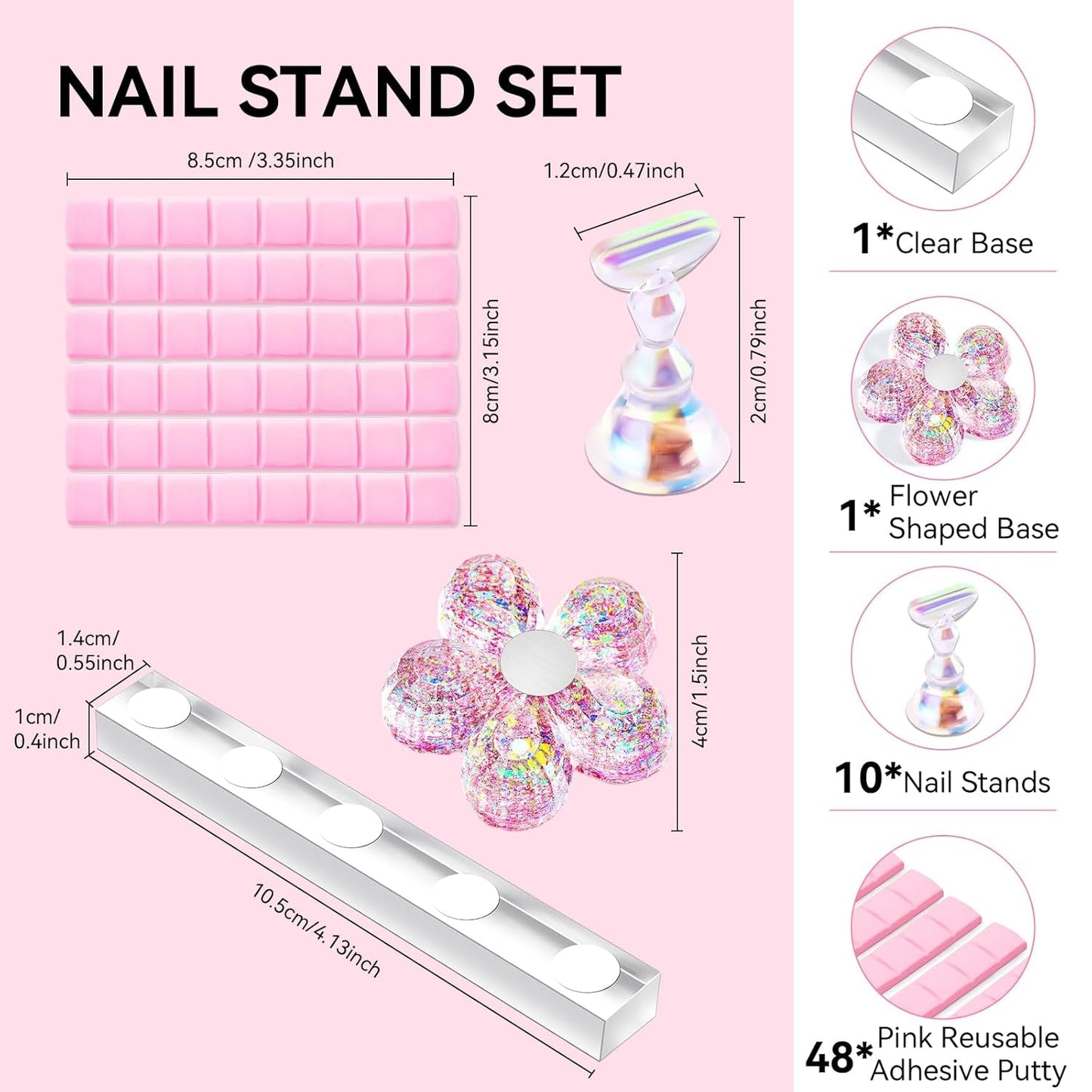Makartt akryl nagelhållare, magnetisk nagelhållare, nagelhållare, transparent rosa nagelhållare med 48 självhäftande spackel