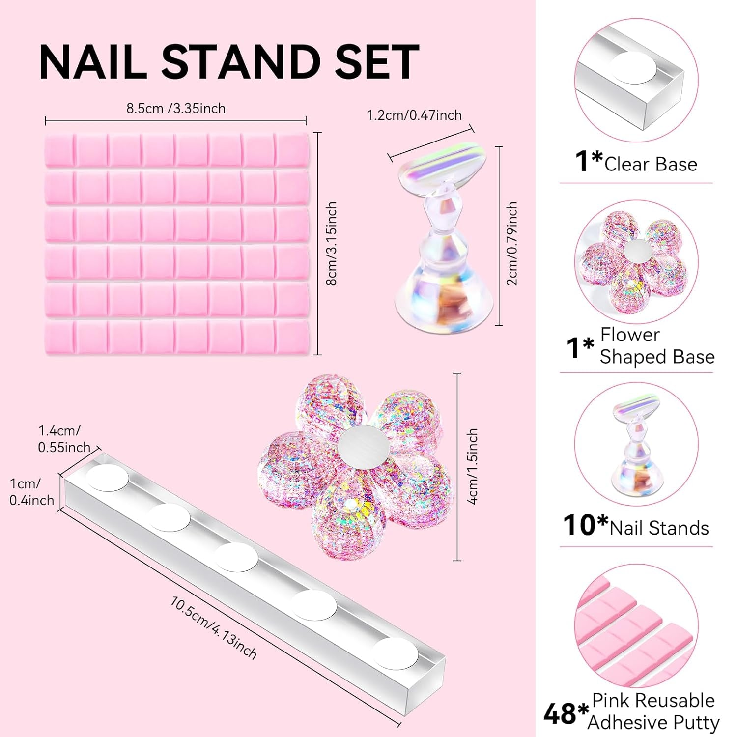Makartt akryl nagelhållare, magnetisk nagelhållare, nagelhållare, transparent rosa nagelhållare med 48 självhäftande spackel