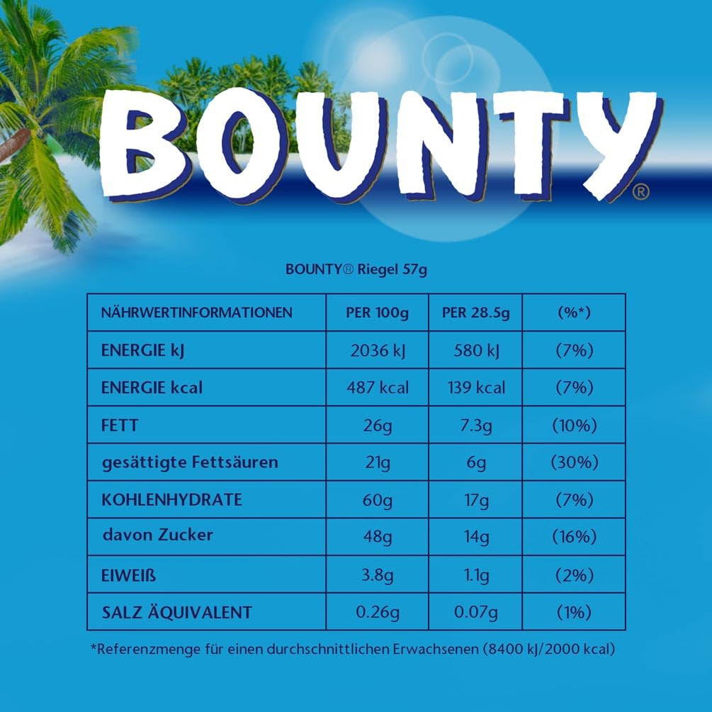 Bounty Chokladkakor Kokoschokladsmak 24 barer i en förpackning (24 x 57 g)