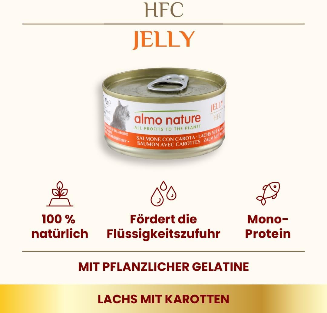 Almo Nature HFC Jelly - Våtfoder för vuxna katter - Lax och morötter - Mänsklig kvalitet, glutenfri - 6 x 70g
