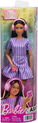 Barbie Fashionistas docka nr. 245, autistisk docka med lila randig klänning och tillbehör som fidget spinner, surfplatta och hörlurar, JJN58