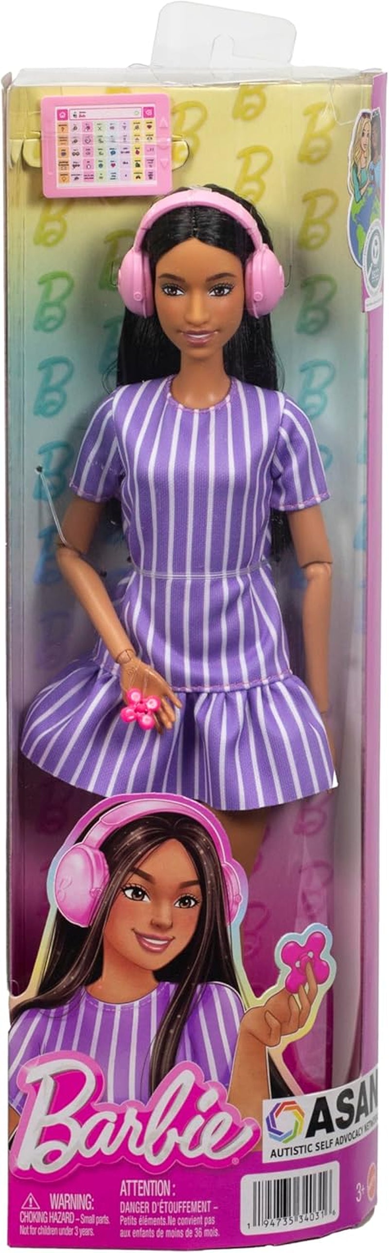 Barbie Fashionistas docka nr. 245, autistisk docka med lila randig klänning och tillbehör som fidget spinner, surfplatta och hörlurar, JJN58