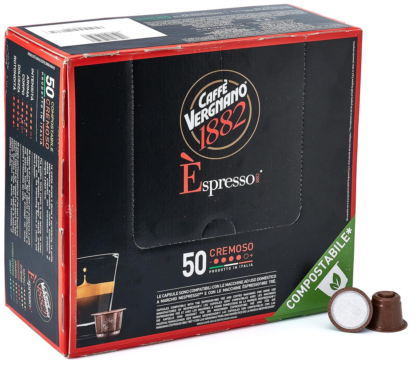 Caffè Vergnano 1882 - Èspresso Kompostierbare Kaffeekapseln, kompatibel med Nespresso, Cremoso (Creamy) - Packung Enthält 50 Kapseln