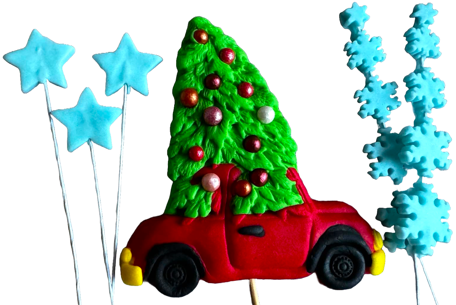 Set med 6 ätbara sockerpastadekorationer, jul, bil, träd, stjärnor och snöflingor Sockerpastadekorationer Naty Shop