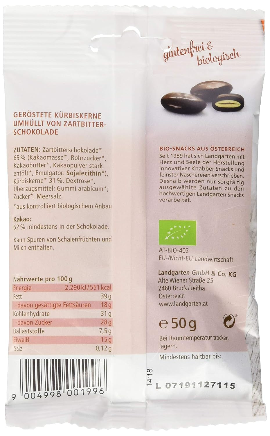 Landgarten ekologiska pumpafrön i mörk choklad - Vegansk rostad pumpafrönchokladmellanmål - Magnesiumkälla - 1 x 50 g