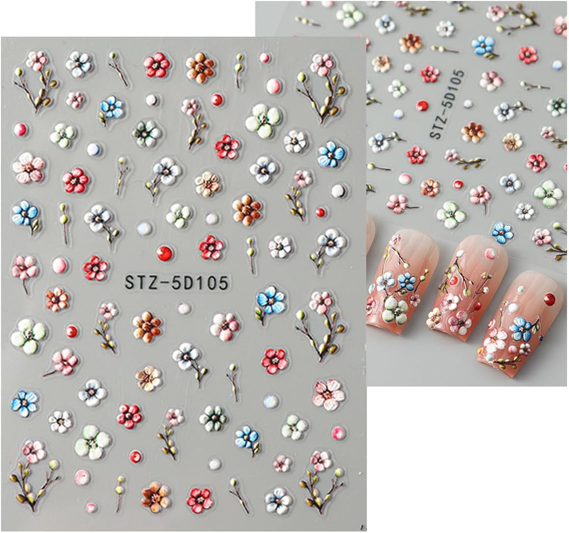 JMEOWIO 3D Nagelsticker Blumen Frucht Nail Art Sticker Selbstklebend Nagelaufkleber 5D Stereoskopisk Dekoration Nageldesign Zubehör 4 Blatt