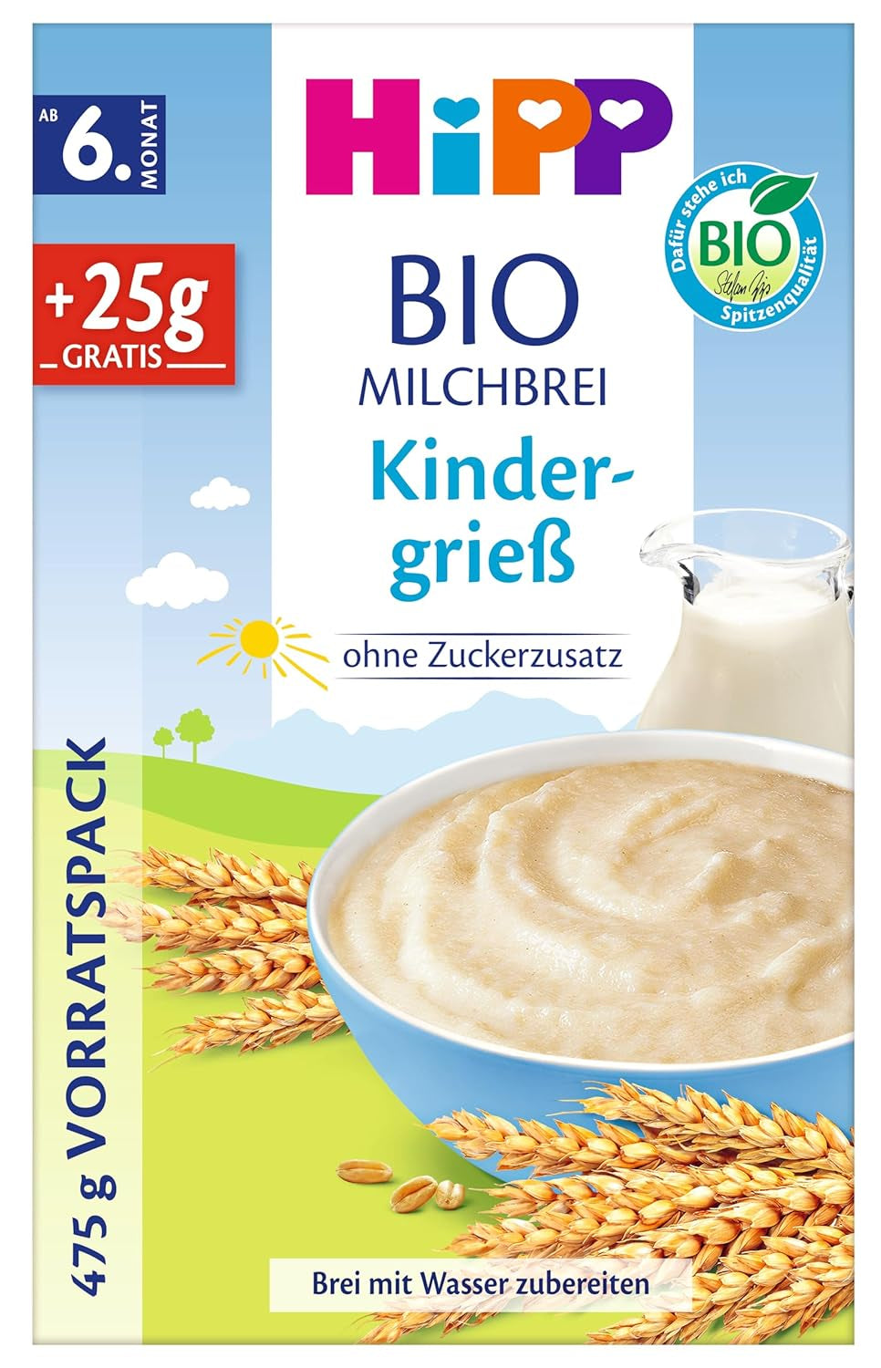 HiPP ekologisk mjölkgröt för bebisar (4 x 475 g), från 6 månader, utan tillsatt socker, skonsam mot barnets mage, bästa ekologiska kvalitet