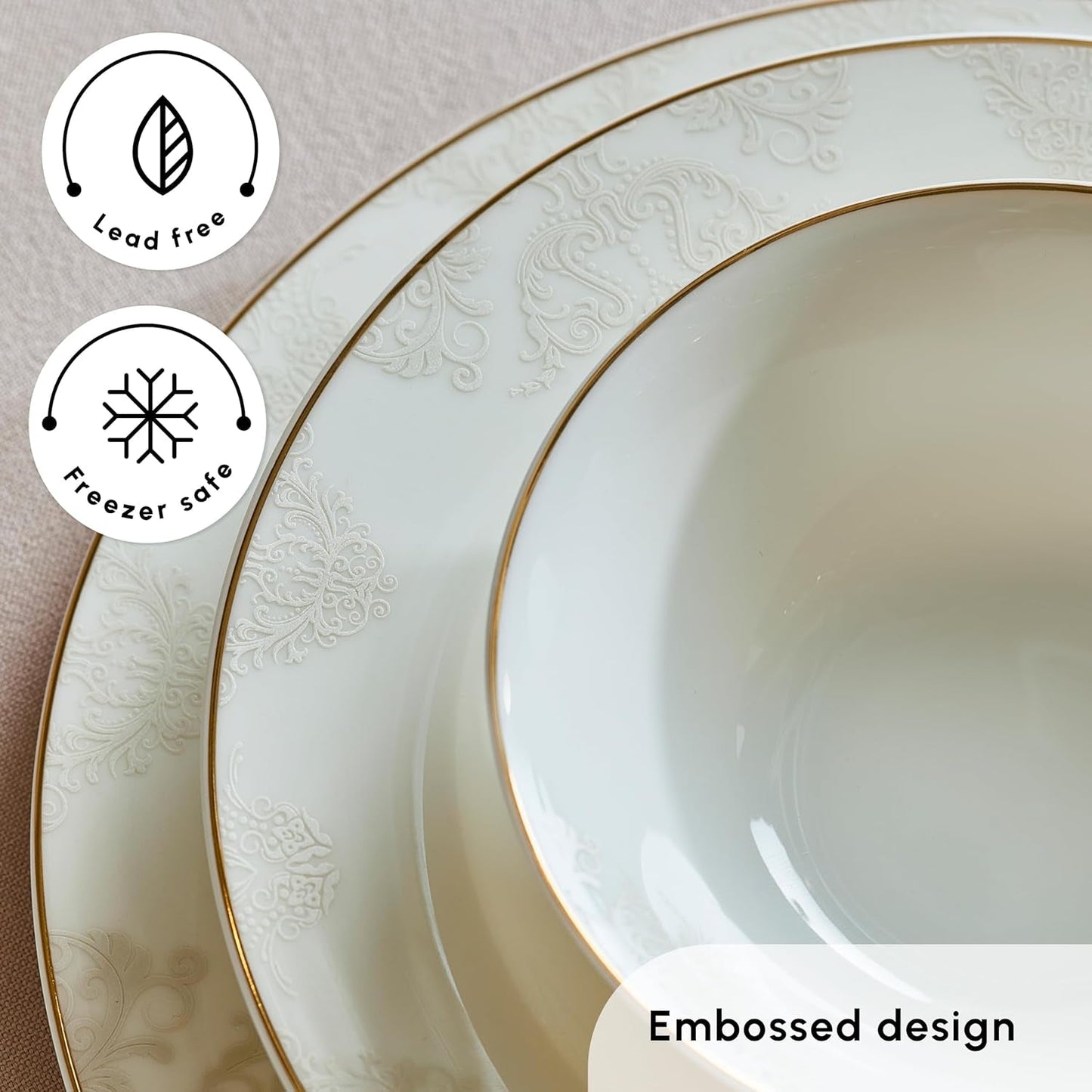 Karaca Elegance Bone Siena servisset för 12, modernt porslinsset, servisset med soppskålar, serveringsfat, djupa tallrikar, desserttallrikar - vitt och guld