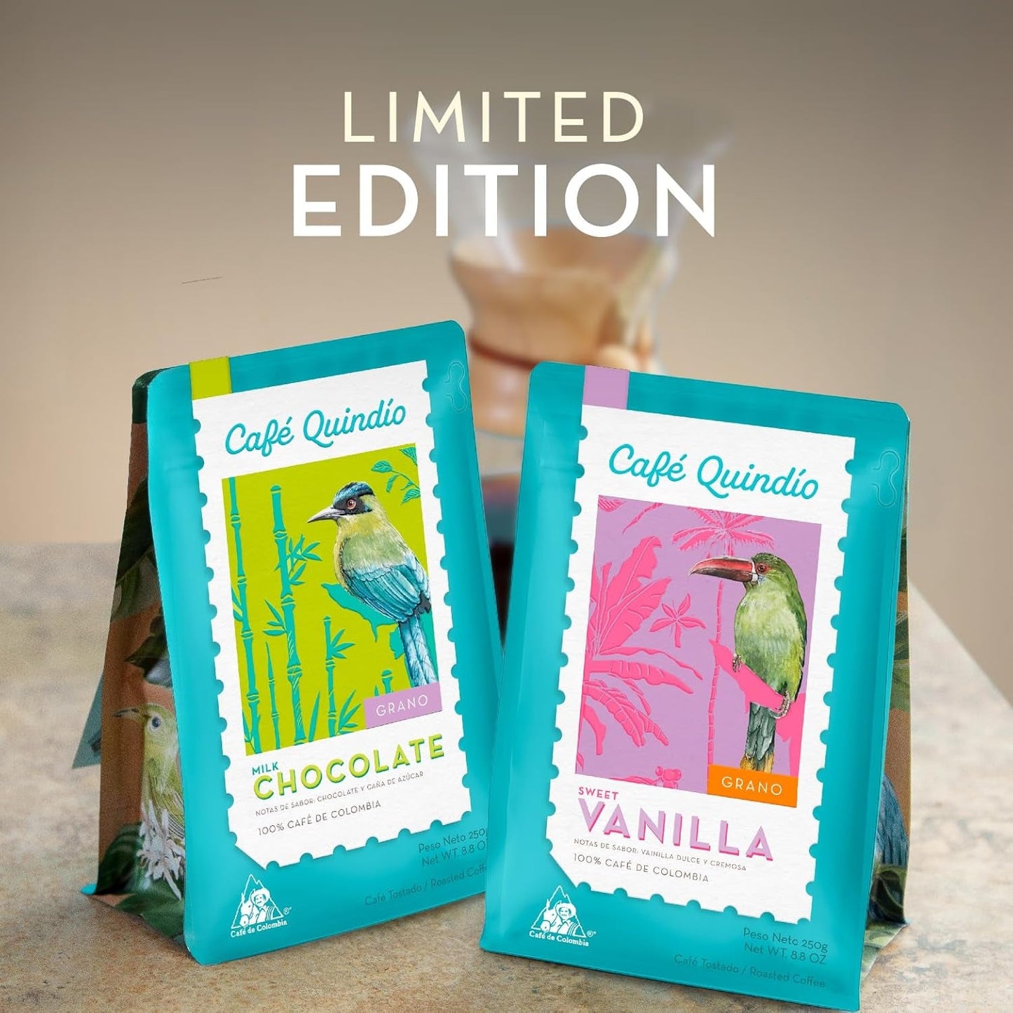 Cafe Quindio Specialty Coffee - 100 % Arabica kaffebönor, Colombia - med naturliga toner av söt vanilj (250g) - perfekt för filterkaffe, portafiltermaskiner eller fransk press